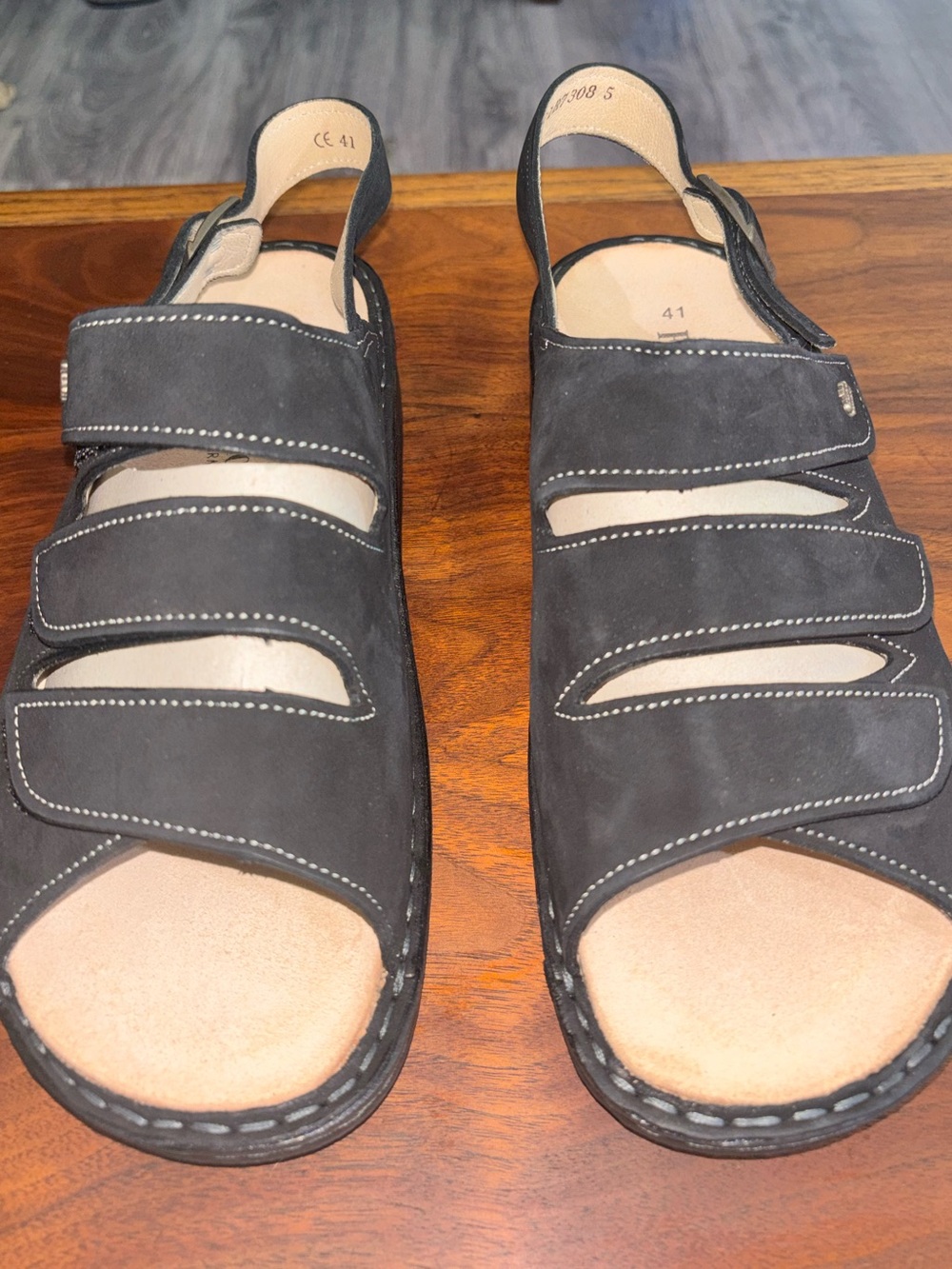 Finn Comfort Black Nubuck Three-Strap Velcro Sandals